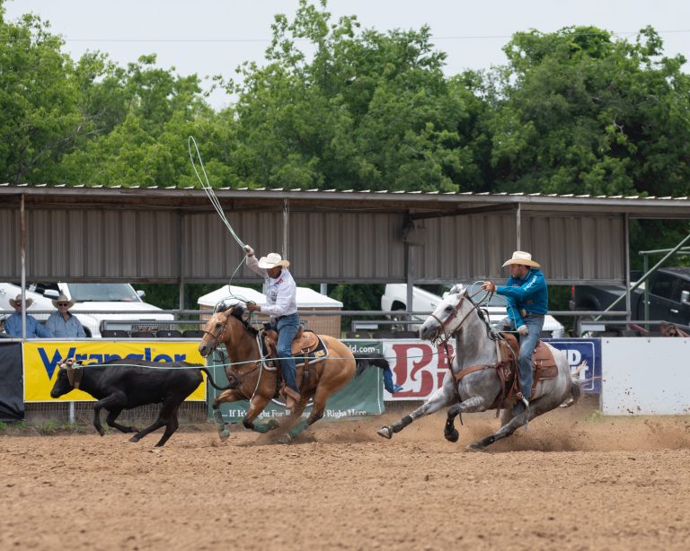 Clay Smith and Junior Nogueira roping their steer at the 2023 Windy Ryon Memorial.