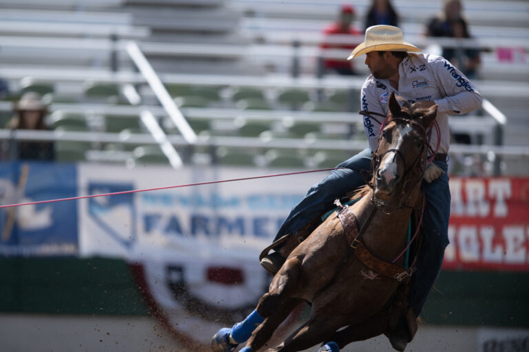 Marcus Theriot heading a steer at the 2023 Reno Rodeo.